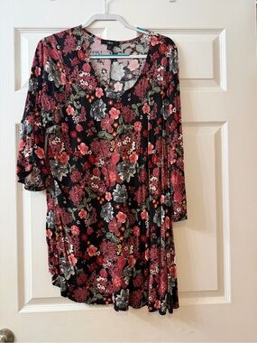 ellos Black Floral Top with Pink and Red Blooms